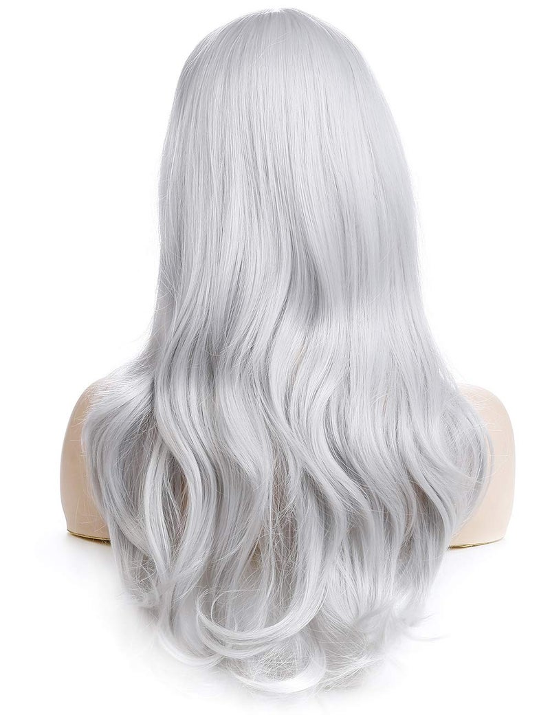 morvally 23 inches Long Curly Wig Big Wave Heat Resistant Synthetic Hair with Bangs for Women Cosplay Costume Halloween Party (Silver Grey) - Image 5